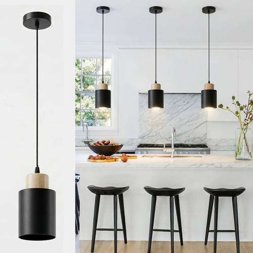 Luminária de Pêndulo Estilo Casa de Campo Moderna, Luminária Preta Fosca, Luminária de Pêndulo Cilíndrica de Metal e Madeira com Veios Vintage, Altura Ajustável, Base E27, Luminária Suspensa Elegante Adequada para Cozinha, Mesa de Jantar, Quarto, Lâmpada Não Inclusa
