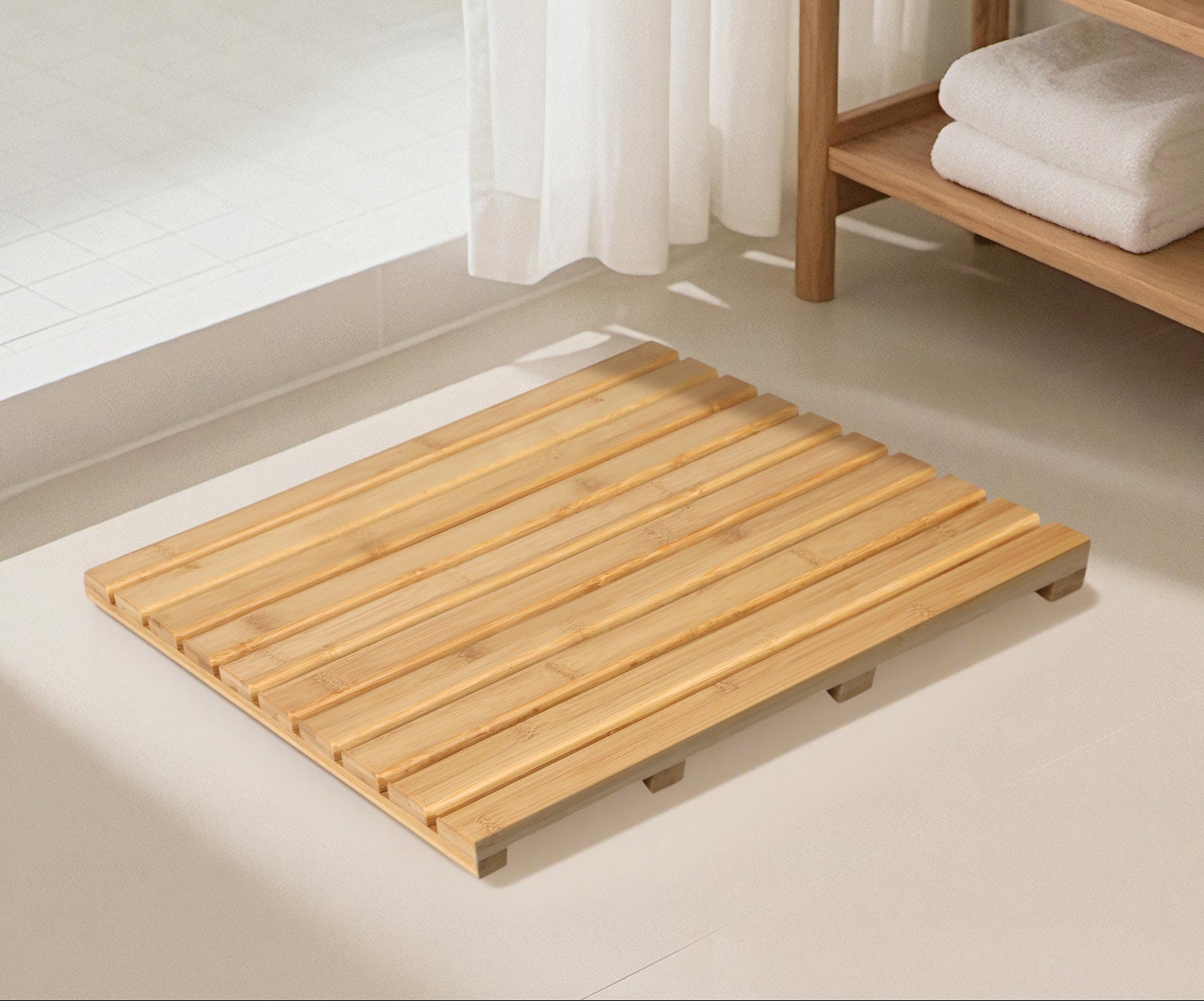 Tapete de Banho Retangular Levede em Bambu com Ripas, Tapete de Chuveiro Antiderrapante em Bambu Natural, Drenagem Rápida e Fácil de Limpar, Sem Montagem para Banheiro, Entrada e Uso Interno, 53x37x3 cm
