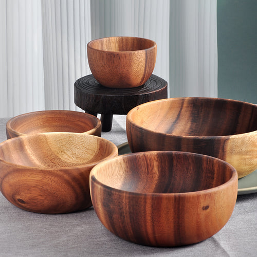Conjunto de 2 Tigelas Grandes de Madeira de Acácia para Misturar, Tigelas de Salada, Pratos de Servir, Tigelas de Legumes, Tigelas de Cereal, Tigelas de Caldo, Artesanais, Design Listrado, Reutilizáveis, Adequadas para Misturar, Servir Saladas e Macarrão, Ideais para Cozinhas Domésticas e