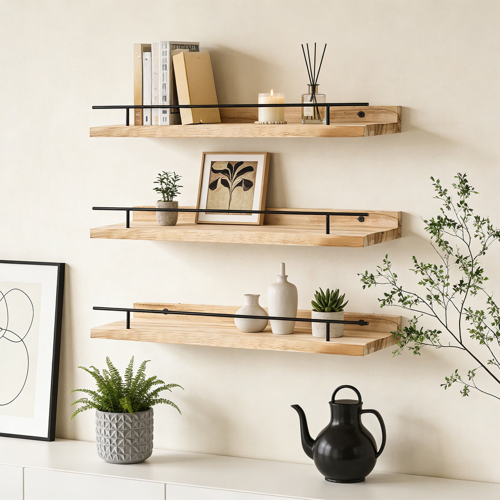 Conjunto de 3 Prateleiras Flutuantes de Madeira com Borda de Proteção, Repedreiro para Quadros, Prateleira Suspensa, Fácil de Instalar, Economiza Espaço, Multifuncional, Suporte de Armazenamento Decorativo para Estatuetas, Artesanato, Plantas, Expositor, Decoração para Quarto, Banheiro, Cozinha, Sala de Estar, Escritório em Casa, 40*15*4cm