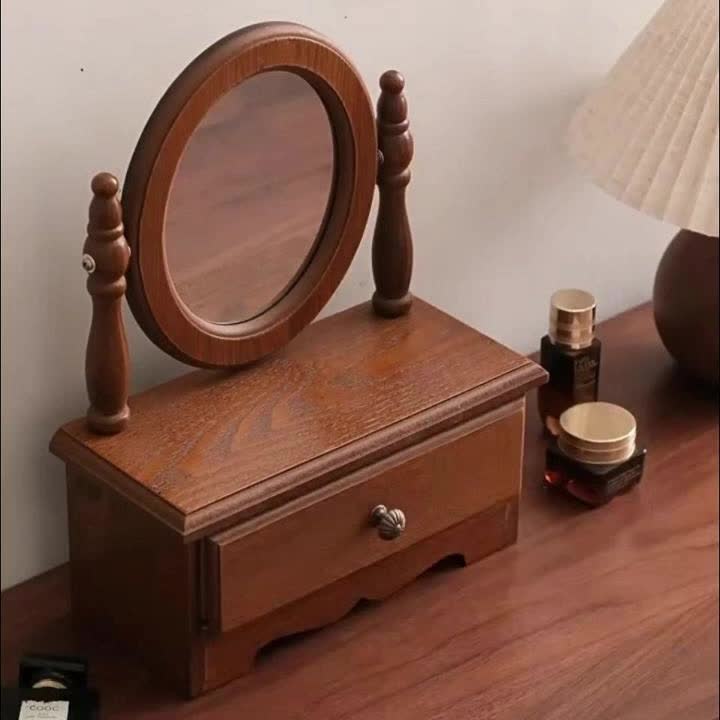 Espelho de Toucador de Madeira com Gavetas, Espelho de Maquiagem Vintage para Quarto, Caixa de Joias Multifuncional com Armazenamento, Caixa de Joias Ajustável para Mesa ou Piso, Ideal para Toucador de Quarto e Decoração de Casa