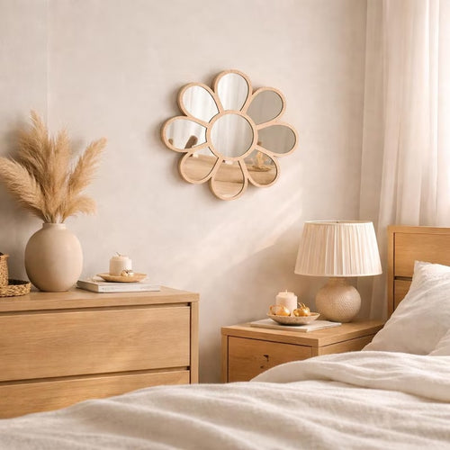 Espelho de Madeira Margarida Estilo Nórdico Ins para Decoração de Casa, Espelho de Fundo para Quarto de Meninos e Meninas, Espelho de Fundo Boêmio para Hotel, Espelho de Decoração de Festival