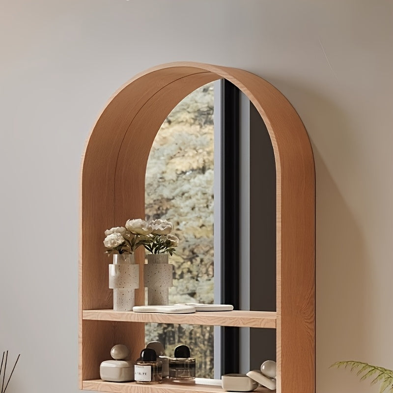 Espelho de Toucador Montado na Parede em Madeira de Faia com Prateleiras Integradas - Design Arqueado Temático Costeiro, Acabamento Polido para Quarto, Entrada ou Banheiro, Grão Natural