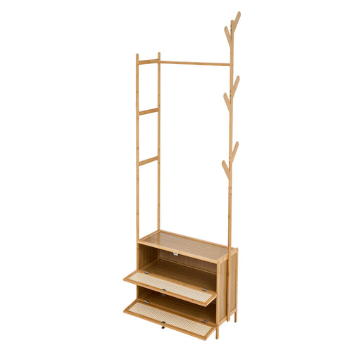 Suporte de Sapatos Oculto de Bambu para Poupar Espaço com Cabide - Armário de Sapatos com Design Ventilado, Cabide, Armário Aberto, Suporte de Roupa e Casacos Multiusos com Ganchos, Barra de Roupa de Madeira com Prateleiras para Hall de Entrada e Sala de Estar (Madeira Natural, 50x30x161cm)