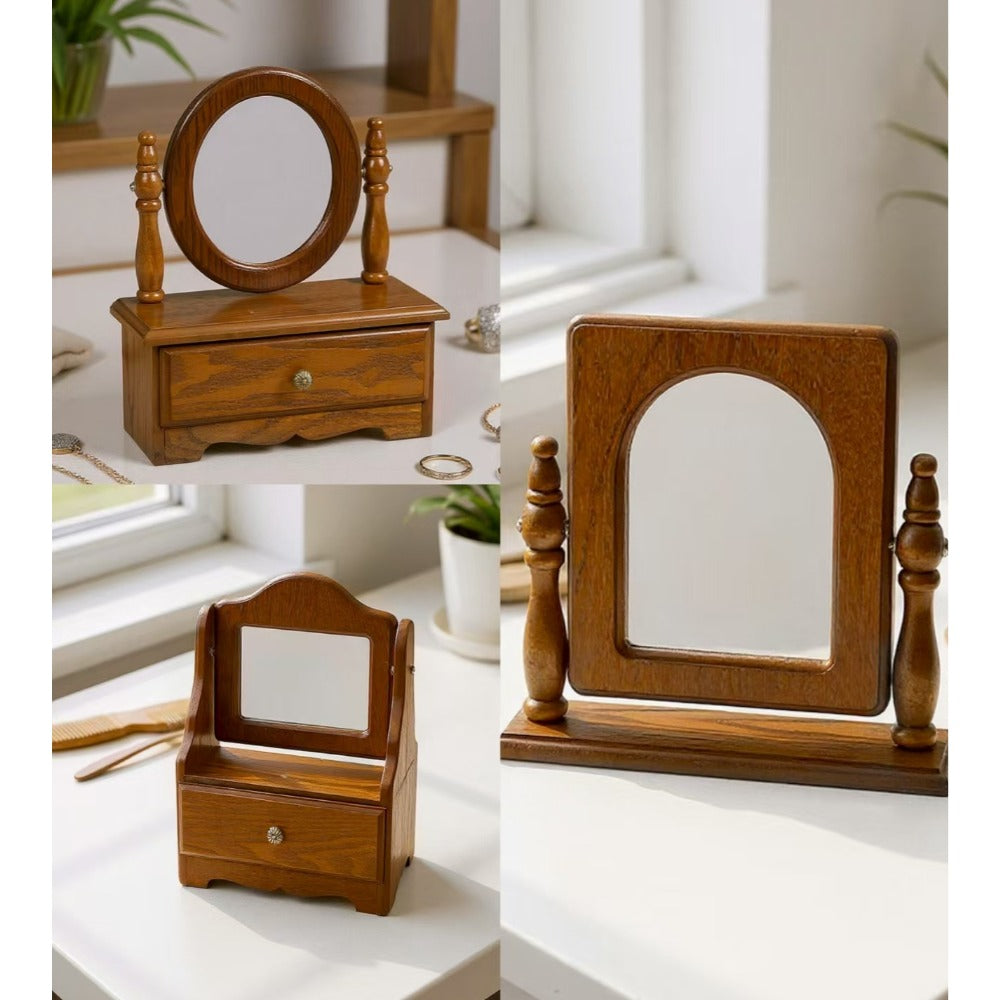 Espelho de Toucador de Madeira com Gavetas, Espelho de Maquiagem Vintage para Quarto, Caixa de Joias Multifuncional com Armazenamento, Caixa de Joias Ajustável para Mesa ou Piso, Ideal para Toucador de Quarto e Decoração de Casa