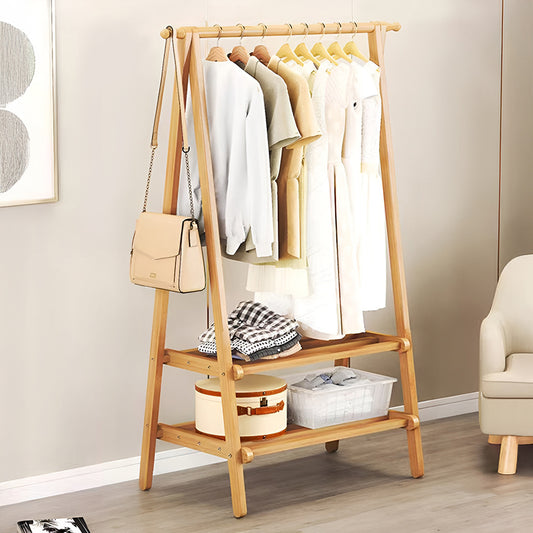 Barra de Roupa de Madeira, Cabide de Bambu com Prateleiras para Sapatos, 86x40x160cm Cabide para Casacos e Vestuário, Armários Abertos Simples com Barra Única para Quarto, Barra de Roupa Independente, Organizador de Armazenamento de Roupa