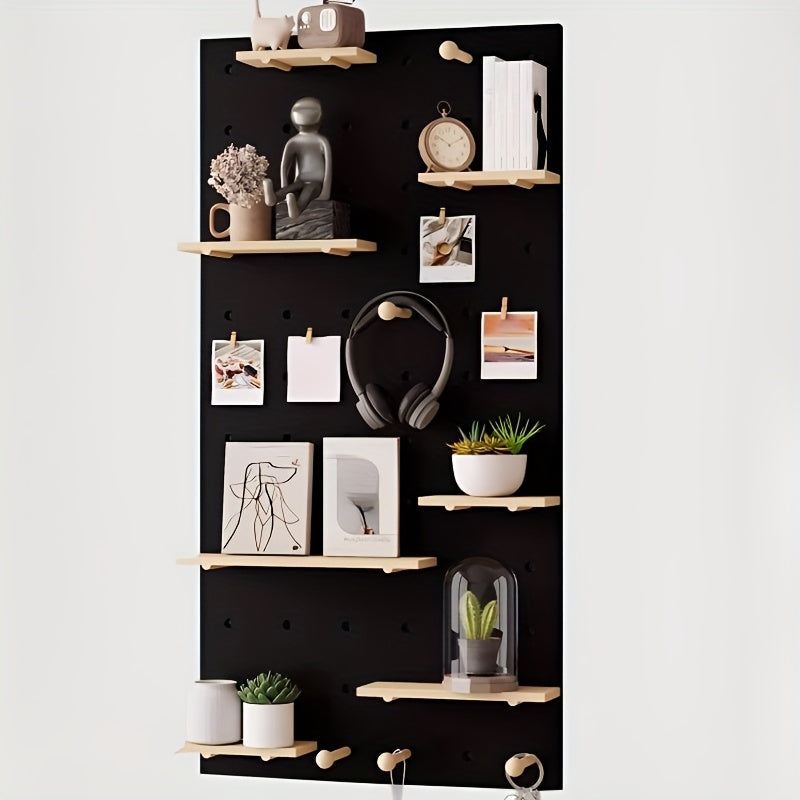 Kit de Organização de Parede com Painel de Ganchos em Madeira Engenhada Multifuncional | Painel de Armazenamento Versátil Montado na Parede com Ganchos e Acessórios, Solução Criativa de Poupança de Espaço para Casa, Escritório e Organização de Cozinha, Acabamento em Madeira Polida, Prateleiras Utilitárias