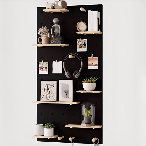 Kit de Organização de Parede com Painel de Ganchos em Madeira Engenhada Multifuncional | Painel de Armazenamento Versátil Montado na Parede com Ganchos e Acessórios, Solução Criativa de Poupança de Espaço para Casa, Escritório e Organização de Cozinha, Acabamento em Madeira Polida, Prateleiras Utilitárias