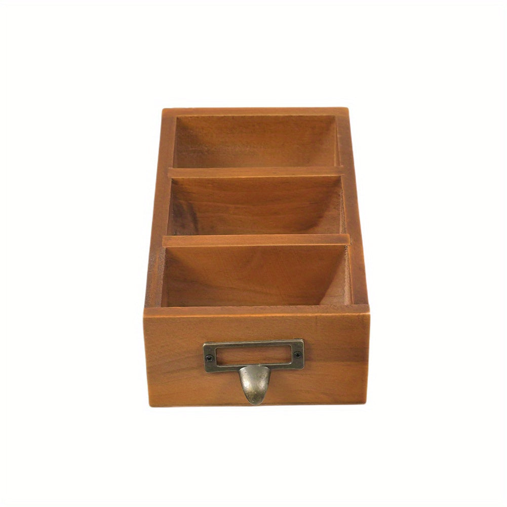Suporte de Controle Remoto de Madeira Vintage - Organizador de Mesa com 3 Compartimentos para Papelaria e Cosméticos, Caixa de Armazenamento Multiuso para Casa e Escritório