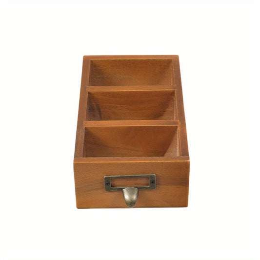Suporte de Controle Remoto de Madeira Vintage - Organizador de Mesa com 3 Compartimentos para Papelaria e Cosméticos, Caixa de Armazenamento Multiuso para Casa e Escritório