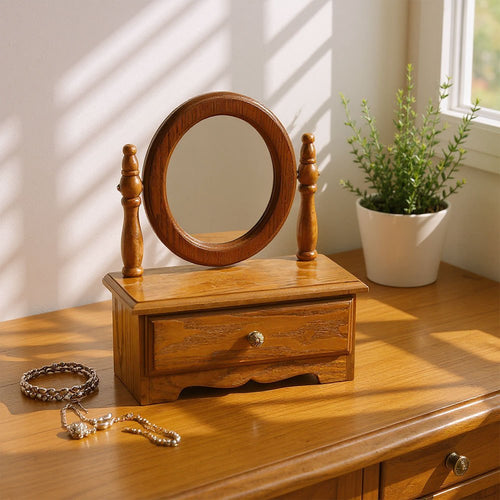 Espelho de Toucador de Madeira com Gavetas, Espelho de Maquiagem Vintage para Quarto, Caixa de Joias Multifuncional com Armazenamento, Caixa de Joias Ajustável para Mesa ou Piso, Ideal para Toucador de Quarto e Decoração de Casa