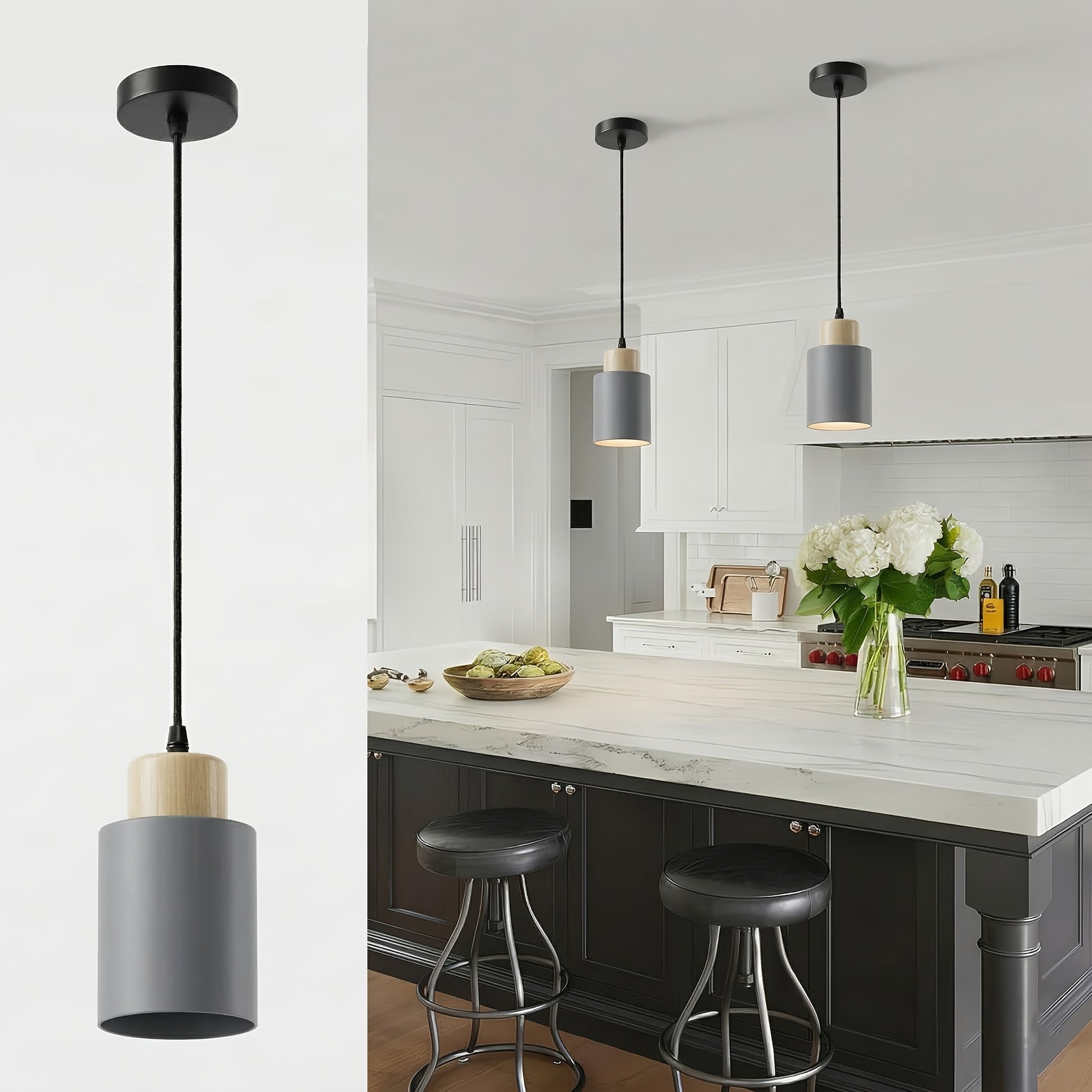 Luminária de Pêndulo Estilo Casa de Campo Moderna, Luminária Preta Fosca, Luminária de Pêndulo Cilíndrica de Metal e Madeira com Veios Vintage, Altura Ajustável, Base E27, Luminária Suspensa Elegante Adequada para Cozinha, Mesa de Jantar, Quarto, Lâmpada Não Inclusa