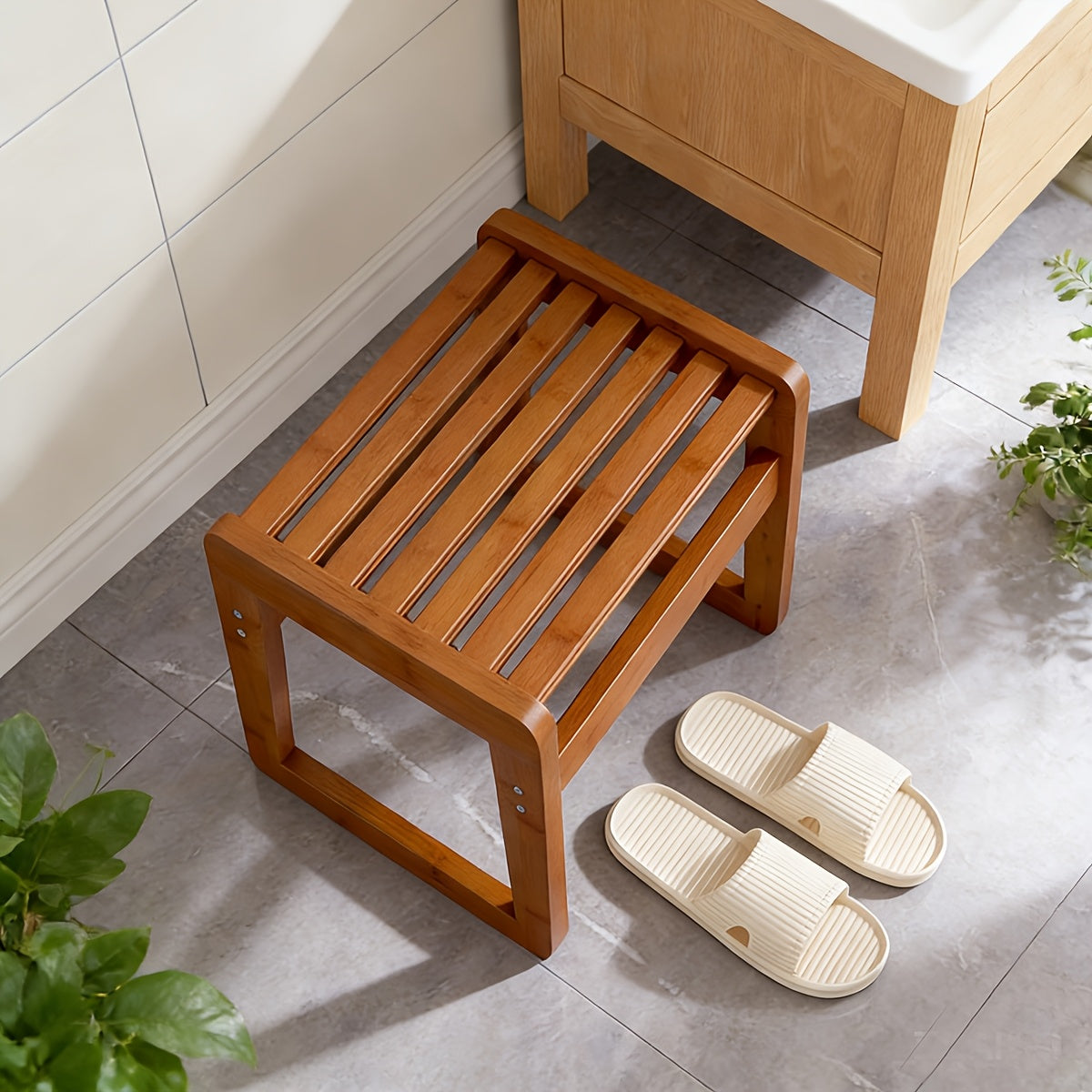 Banco de Duche Minimalista Natural - Antiderrapante, Pequeno Banco de Casa de Banho, Adequado para Adultos Mudarem de Sapatos e Usar para Banho - E Durável
