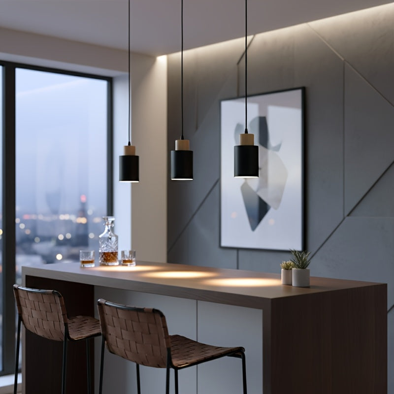 Luminária de Pêndulo Estilo Casa de Campo Moderna, Luminária Preta Fosca, Luminária de Pêndulo Cilíndrica de Metal e Madeira com Veios Vintage, Altura Ajustável, Base E27, Luminária Suspensa Elegante Adequada para Cozinha, Mesa de Jantar, Quarto, Lâmpada Não Inclusa