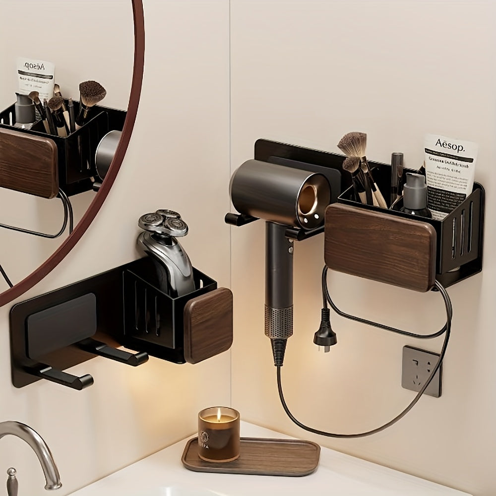 Suporte para Secador de Cabelo em Madeira de Nogueira, Suporte de Parede para Secador de Cabelo para Banheiro sem Furos, Rack de Armazenamento Universal para Secador de Cabelo com Tubo de Armazenamento