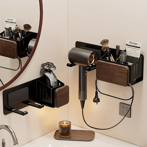 Suporte para Secador de Cabelo em Madeira de Nogueira, Suporte de Parede para Secador de Cabelo para Banheiro sem Furos, Rack de Armazenamento Universal para Secador de Cabelo com Tubo de Armazenamento