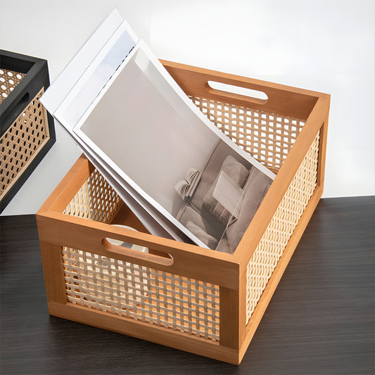 Cesto de Armazenamento de Madeira Vintage Multiuso para Mesa - Organizador de Prateleira para Mesa, Cesto Decorativo de Rattan Artesanal com Estrutura de Madeira para Material de Escritório, Cosméticos e Armazenamento de Quarto e Banheiro (Grande/Pequeno)