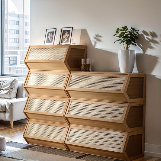 Armário de Armazenamento Clássico Vintage de Bambu Atualizado 2026, Caixa de Armazenamento Empilhável de Grande Capacidade com Porta de Ventilação em Malha, Vários Tamanhos Disponíveis, Ideal para Sala de Estar, Quarto, Escritório e Organização Doméstica, Aumenta a Felicidade, Adequado para Diversos