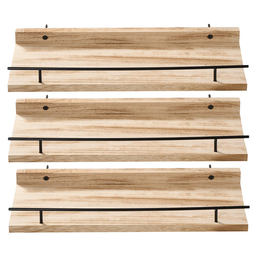 Conjunto de 3 Prateleiras Flutuantes de Madeira com Borda de Proteção, Repedreiro para Quadros, Prateleira Suspensa, Fácil de Instalar, Economiza Espaço, Multifuncional, Suporte de Armazenamento Decorativo para Estatuetas, Artesanato, Plantas, Expositor, Decoração para Quarto, Banheiro, Cozinha, Sala de Estar, Escritório em Casa, 40*15*4cm