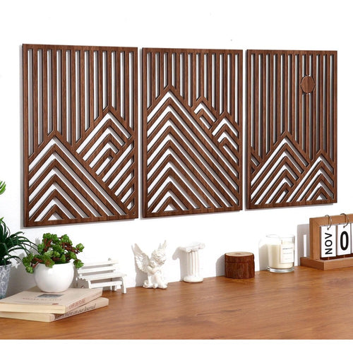 Conjunto de 3 Esculturas de Parede Grandes de Madeira, Modernas, Minimalistas e Retrô - Ripas Horizontais Grossas Adequadas para Decoração de Sala de Estar, Quarto, Escritório - Arte em Painel de Madeira para Aconchego, Fácil Instalação, Destaque Contemporâneo para Casa