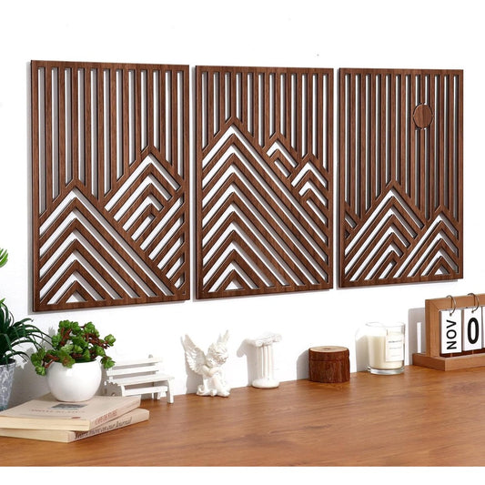 Conjunto de 3 Esculturas de Parede Grandes de Madeira, Modernas, Minimalistas e Retrô - Ripas Horizontais Grossas Adequadas para Decoração de Sala de Estar, Quarto, Escritório - Arte em Painel de Madeira para Aconchego, Fácil Instalação, Destaque Contemporâneo para Casa