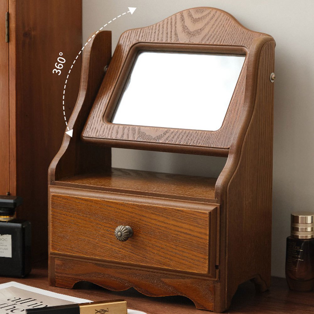 Espelho de Toucador de Madeira com Gavetas, Espelho de Maquiagem Vintage para Quarto, Caixa de Joias Multifuncional com Armazenamento, Caixa de Joias Ajustável para Mesa ou Piso, Ideal para Toucador de Quarto e Decoração de Casa