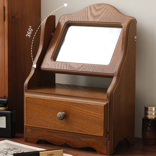 Espelho de Toucador de Madeira com Gavetas, Espelho de Maquiagem Vintage para Quarto, Caixa de Joias Multifuncional com Armazenamento, Caixa de Joias Ajustável para Mesa ou Piso, Ideal para Toucador de Quarto e Decoração de Casa