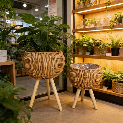 Conjunto de Vaso de Rattan Boho com Tripé de Madeira, 2 unidades/1 unidade, Cesto de Vime Entrançado à Mão com Forro Impermeável, 2 Tamanhos, Respirável, Ideal para Plantas de Interior, Sala de Estar, Varanda, Apartamento, Perfeito para Alugadores, Presente de Jardinagem, Decoração de Casa