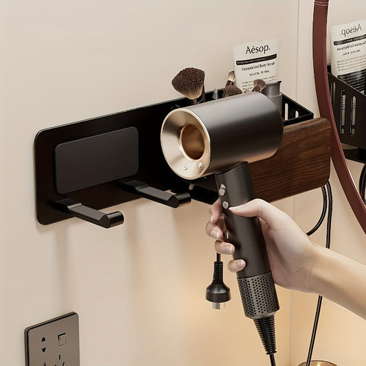 Suporte para Secador de Cabelo em Madeira de Nogueira, Suporte de Parede para Secador de Cabelo para Banheiro sem Furos, Rack de Armazenamento Universal para Secador de Cabelo com Tubo de Armazenamento