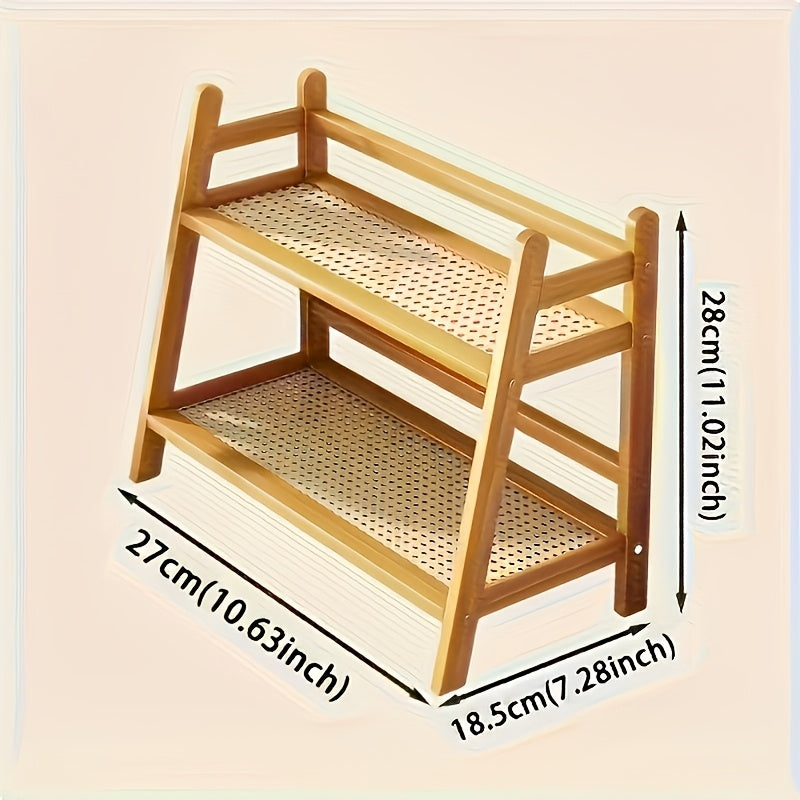 Estante Multiuso de 28cm com Dupla Camada Estilo Madeira Natural, Estável e com Boa Capacidade de Carga, Prateleiras de Vime Trançado Respiráveis, Design Aberto Trapezoidal que Economiza Espaço, Estante de Armazenamento e Decoração para Vários Cenários para Temperos de Cozinha/Xícaras e Pratos de