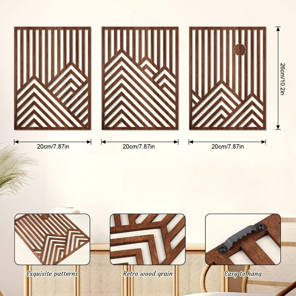 Conjunto de 3 Esculturas de Parede Grandes de Madeira, Modernas, Minimalistas e Retrô - Ripas Horizontais Grossas Adequadas para Decoração de Sala de Estar, Quarto, Escritório - Arte em Painel de Madeira para Aconchego, Fácil Instalação, Destaque Contemporâneo para Casa