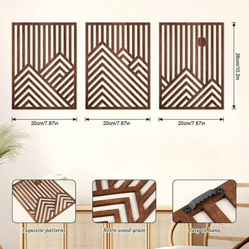 Conjunto de 3 Esculturas de Parede Grandes de Madeira, Modernas, Minimalistas e Retrô - Ripas Horizontais Grossas Adequadas para Decoração de Sala de Estar, Quarto, Escritório - Arte em Painel de Madeira para Aconchego, Fácil Instalação, Destaque Contemporâneo para Casa