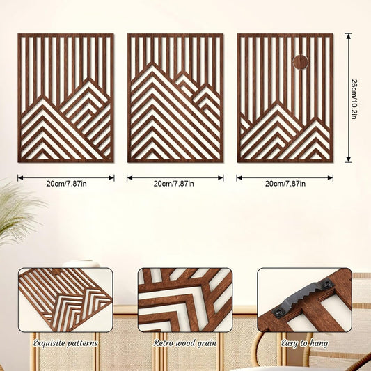 Conjunto de 3 Esculturas de Parede Grandes de Madeira, Modernas, Minimalistas e Retrô - Ripas Horizontais Grossas Adequadas para Decoração de Sala de Estar, Quarto, Escritório - Arte em Painel de Madeira para Aconchego, Fácil Instalação, Destaque Contemporâneo para Casa