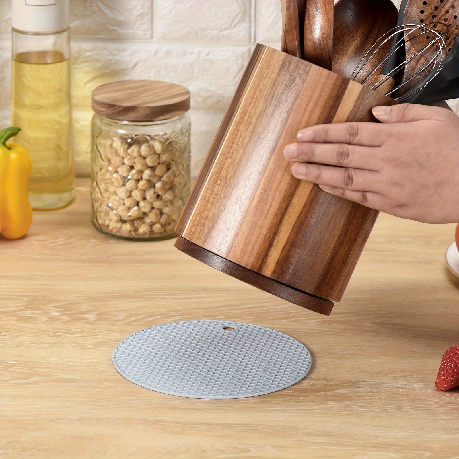 Suporte Grande de Madeira para Utensílios de Cozinha de 19.3cm - Caixa de Armazenamento Giratória 360° para Bancada para Colheres, Batedeiras, Espátulas, Etc. - Presente Ideal para o Natal, Decoração de Casa de Campo, Essenciais de Cozinha | Prateleira Decorativa de Estilo Rústico | Suporte de