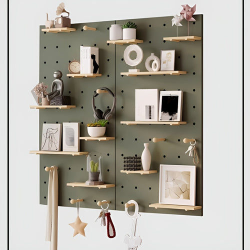 Kit de Organização de Parede com Painel de Ganchos em Madeira Engenhada Multifuncional | Painel de Armazenamento Versátil Montado na Parede com Ganchos e Acessórios, Solução Criativa de Poupança de Espaço para Casa, Escritório e Organização de Cozinha, Acabamento em Madeira Polida, Prateleiras Utilitárias