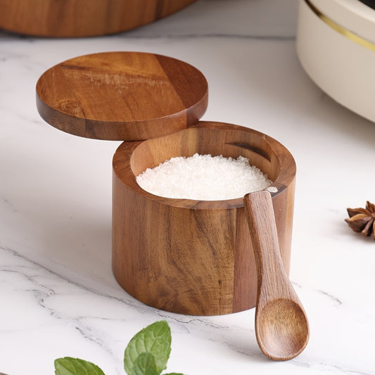 Conjunto de Frascos de Condimentos em Madeira de Acácia | Frasco de Sal, Frasco de Pimenta, Garrafa de Especiarias, Caixa de Armazenamento de Cozinha Selada à Prova de Humidade, Recipiente de Condimentos de Madeira de Alta Qualidade, Uso Duplo para Cozinha e Mesa de Jantar (1 unidade)