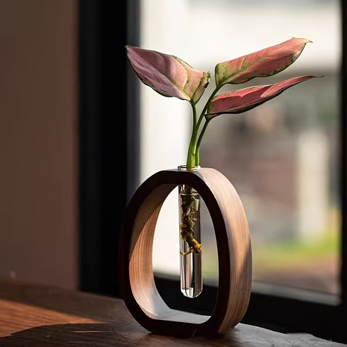 1 Peça Vaso de Flores Aquáticas em Madeira de Nogueira com Vidro Transparente - Vaso Cilíndrico para Flores Frescas, Plantas Aquáticas - Centro de Mesa para Casa ou Escritório, Vaso de Vidro Rústico Moderno para Flores Cultivadas na Água