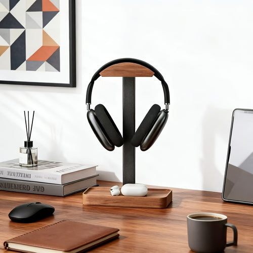 Suporte para Fones de Ouvido em Madeira de Nogueira, Organizador de Mesa, Suporte de Armazenamento para Mesa, Base Antiderrapante, Suporte de Peso Estável, Adequado para a Maioria dos Modelos de Fones de Ouvido, Item Decorativo Charmoso, Ornamento de Mesa de Alta Qualidade, Prateleira de