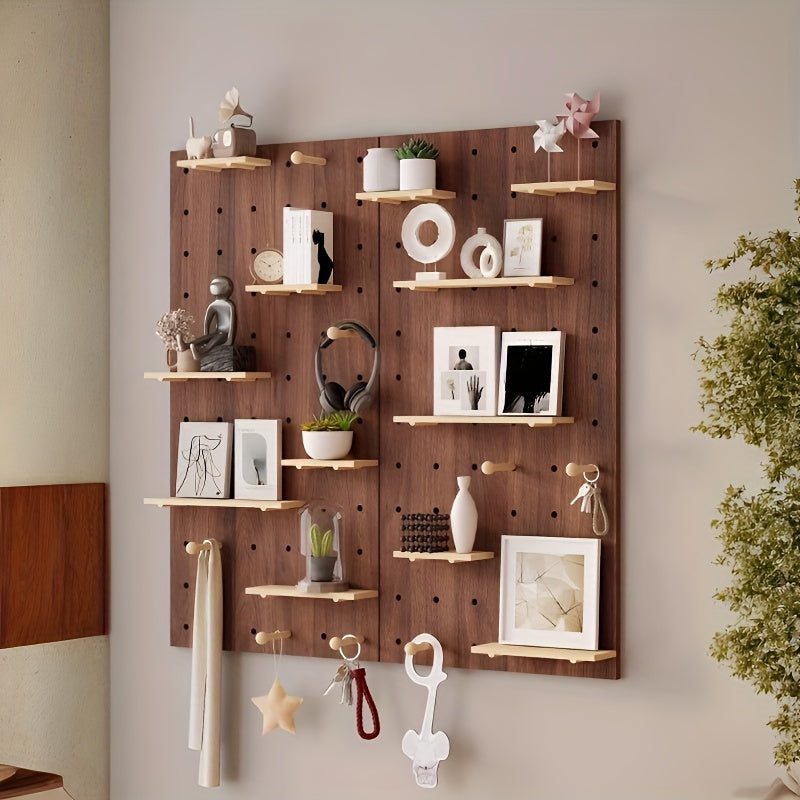 Kit de Organização de Parede com Painel de Ganchos em Madeira Engenhada Multifuncional | Painel de Armazenamento Versátil Montado na Parede com Ganchos e Acessórios, Solução Criativa de Poupança de Espaço para Casa, Escritório e Organização de Cozinha, Acabamento em Madeira Polida, Prateleiras Utilitárias