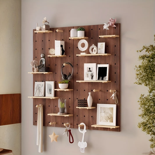 Kit de Organização de Parede com Painel de Ganchos em Madeira Engenhada Multifuncional | Painel de Armazenamento Versátil Montado na Parede com Ganchos e Acessórios, Solução Criativa de Poupança de Espaço para Casa, Escritório e Organização de Cozinha, Acabamento em Madeira Polida, Prateleiras Utilitárias