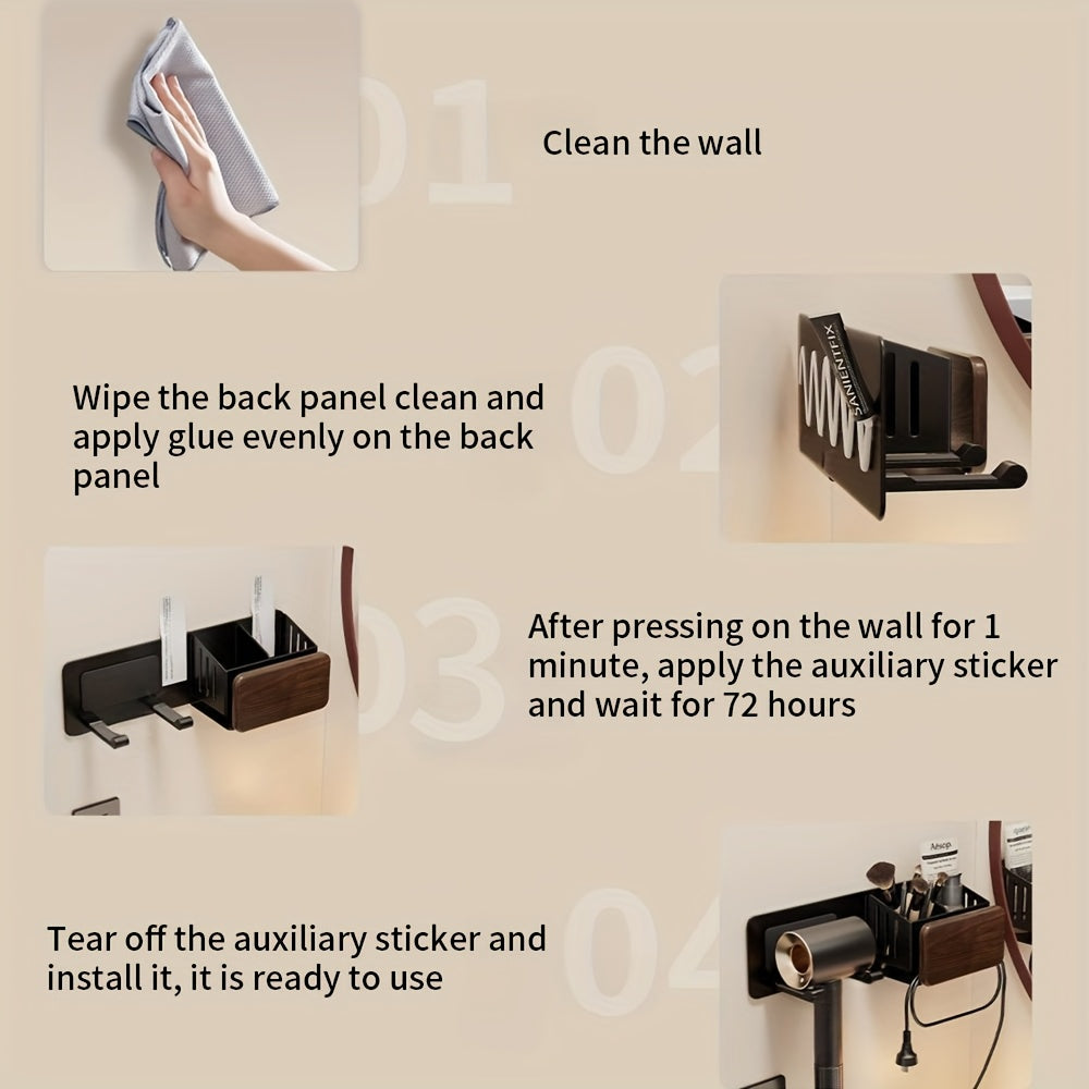 Suporte para Secador de Cabelo em Madeira de Nogueira, Suporte de Parede para Secador de Cabelo para Banheiro sem Furos, Rack de Armazenamento Universal para Secador de Cabelo com Tubo de Armazenamento