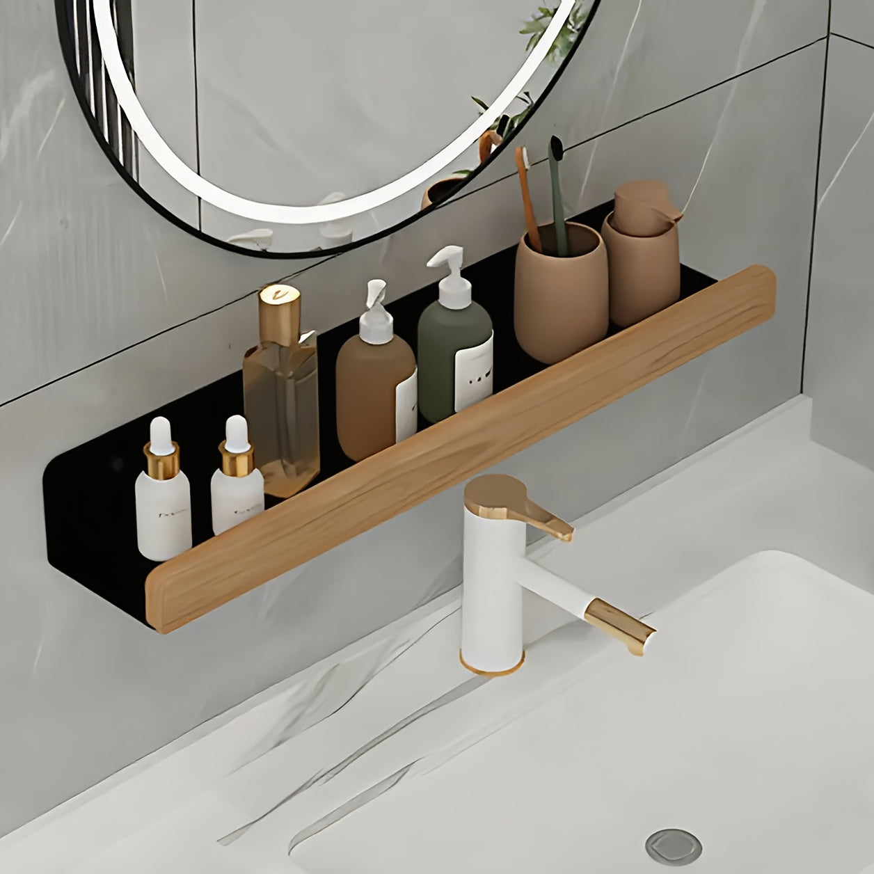 Organizador de Prateleira para Casa de Banho Sem Furos – Sem Necessidade de Furar, Construção Robusta em Madeira Natural, Design que Poupa Espaço, Adequado para Casa de Banho, Cozinha ou Escritório, Ideal para Apartamentos Pequenos e Inquilinos, Estilo Minimalista, Acessório de Casa de Banho