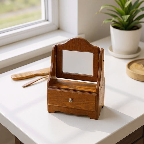 Espelho de Toucador de Madeira com Gavetas, Espelho de Maquiagem Vintage para Quarto, Caixa de Joias Multifuncional com Armazenamento, Caixa de Joias Ajustável para Mesa ou Piso, Ideal para Toucador de Quarto e Decoração de Casa