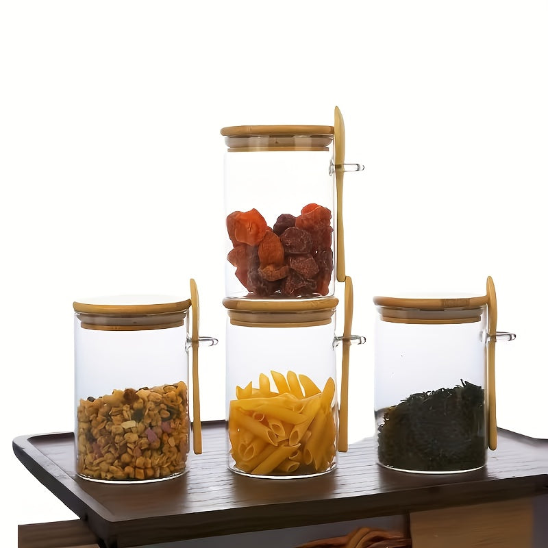 Conjunto de Armazenamento de 12 Peças, Inclui 4 Potes de Armazenamento + 4 Tampas de Pote + 4 Colheres, com Tampas de Madeira de Bambu e Colheres de Madeira de Bambu – Potes com Vedação Articulada, Adequados para Grãos de Café, Grãos, Produtos Secos, uma Escolha Ideal para Organização de Despensa e
