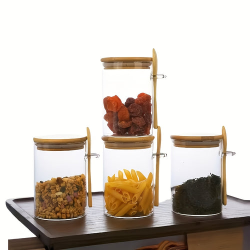 Conjunto de Armazenamento de 12 Peças, Inclui 4 Potes de Armazenamento + 4 Tampas de Pote + 4 Colheres, com Tampas de Madeira de Bambu e Colheres de Madeira de Bambu – Potes com Vedação Articulada, Adequados para Grãos de Café, Grãos, Produtos Secos, uma Escolha Ideal para Organização de Despensa e