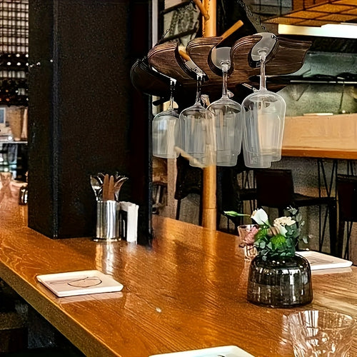 Suporte de Parede para Taças de Vinho em Formato de Folha de Ginkgo - Design Elegante e Economizador de Espaço com Corrente de Metal, Segura 6 Taças, Estilo Rústico Moderno para Decoração de Cozinha e Sala de Jantar, Armazenamento para Bar em Casa, Padrão de Folha de Ginkgo, Construção em Madeira e