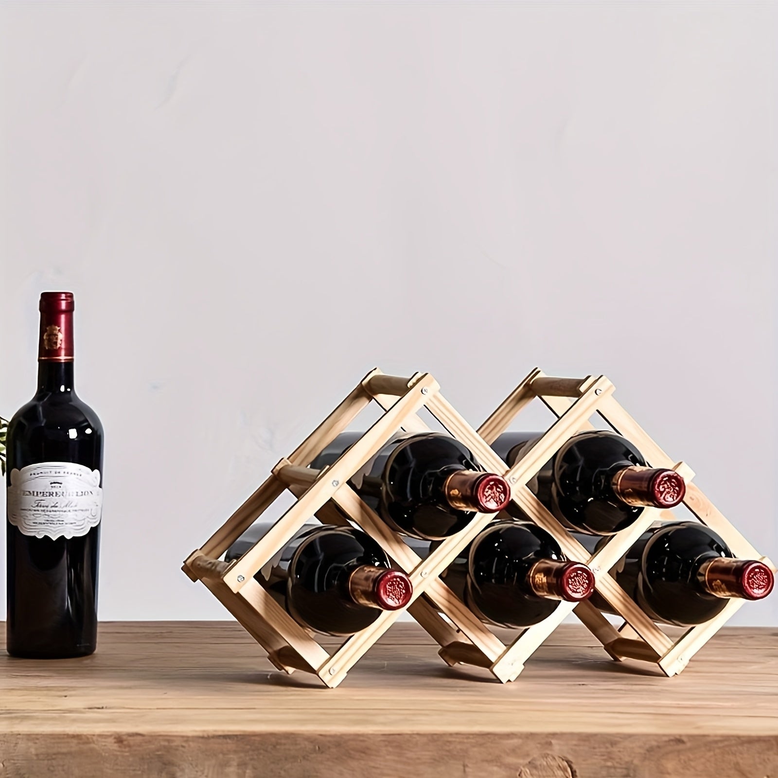 Ornamento para Adega de Vinhos, Prateleira de Vinho em Madeira Maciça, Pequeno Expositor de Armário de Vinho Moderno Minimalista, Adega de Vinho de Madeira com Padrão de Diamante, Expositor de Vinho para Mesa de Jantar, Dobrável, Estável e Durável, Textura de Madeira Natural, Fácil de Dobrar e