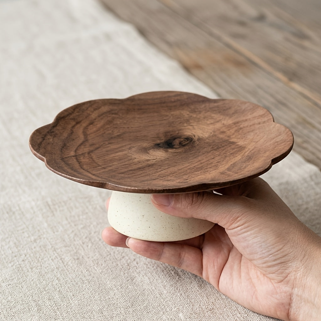 Mini Tigela de Frutas Alta de Caule Longo em Formato de Pétala Estilo Wabi-Sabi Japonês, Madeira de Acácia + Grés, Bandeja de Lanches de Nozes para Chá da Tarde na Mesa de Centro da Sala de Estar, Bandeja Decorativa Vintage, Prato de Armazenamento de Joias. Adequada para Recepção de Salão de Chá