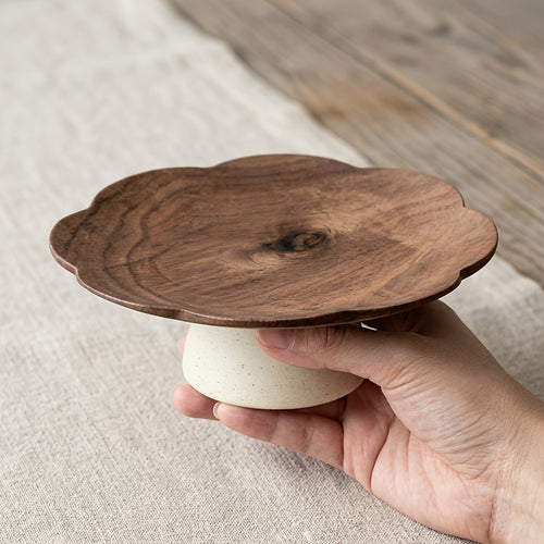 Mini Tigela de Frutas Alta de Caule Longo em Formato de Pétala Estilo Wabi-Sabi Japonês, Madeira de Acácia + Grés, Bandeja de Lanches de Nozes para Chá da Tarde na Mesa de Centro da Sala de Estar, Bandeja Decorativa Vintage, Prato de Armazenamento de Joias. Adequada para Recepção de Salão de Chá