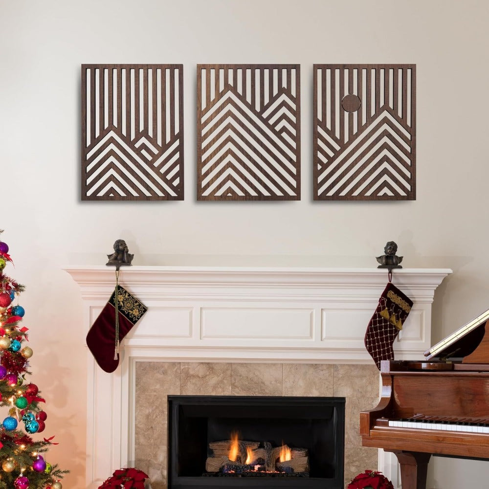 Conjunto de 3 Esculturas de Parede Grandes de Madeira, Modernas, Minimalistas e Retrô - Ripas Horizontais Grossas Adequadas para Decoração de Sala de Estar, Quarto, Escritório - Arte em Painel de Madeira para Aconchego, Fácil Instalação, Destaque Contemporâneo para Casa